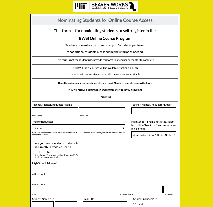 Nomination form for BWSI